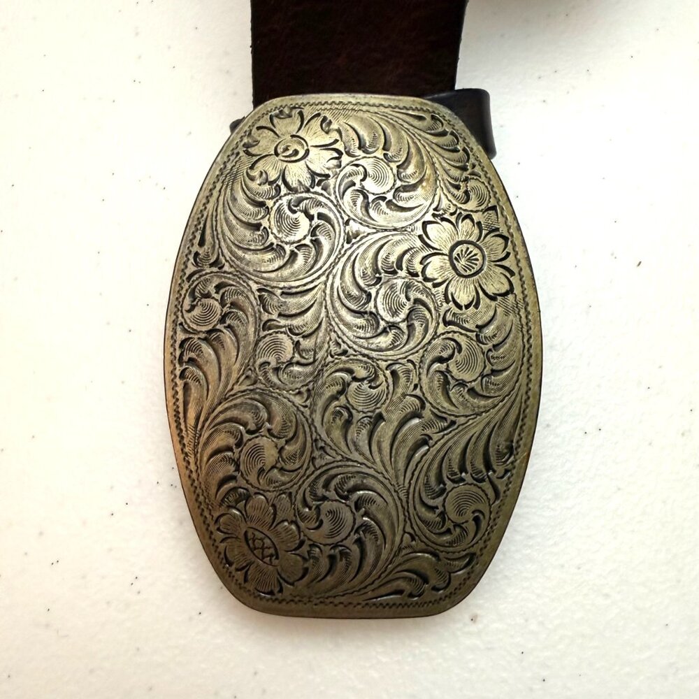 Gap Women's Belt Brown Leather Ornate Floral Tooled Buckle Western Vintage 1994 - Picture 3 of 11